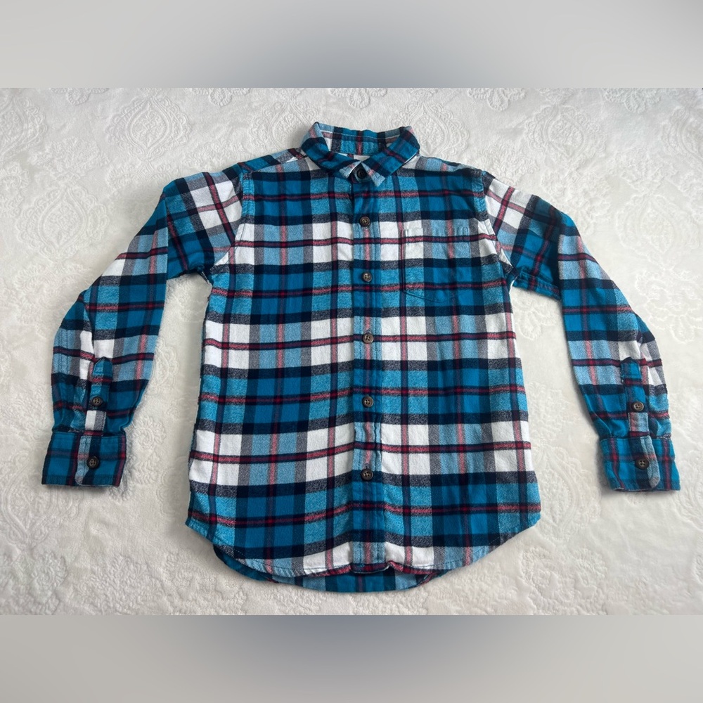Lands End Kids Long Sleeve Flannel Shirt Size 7 Large Plaid Blue Red